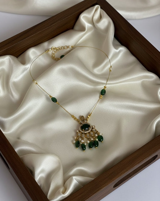 Royal Emerald Statement Floating Necklace – Invisible Gold Wire Choker with Pearl & Green Bead Fringe