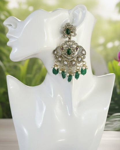 Victorian dark Green Peacock Chandbali Earrings with Polki & Pearl Accents