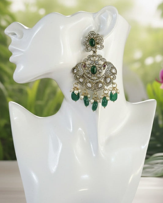 Victorian dark Green Peacock Chandbali Earrings with Polki & Pearl Accents