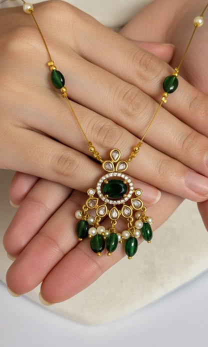 Royal Emerald Statement Floating Necklace – Invisible Gold Wire Choker with Pearl & Green Bead Fringe