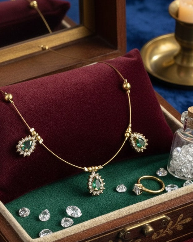 3-Stone Green Gemstone Floating Necklace with Crystal Halos and Invisible String