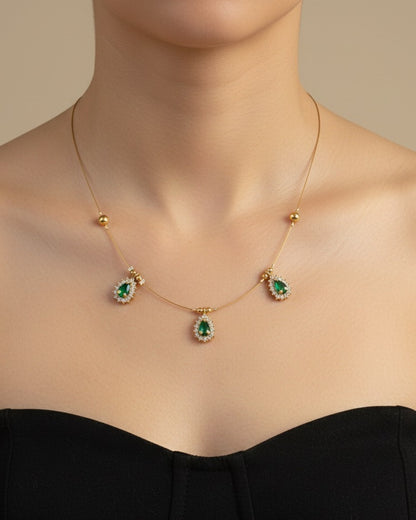 3-Stone Green Gemstone Floating Necklace with Crystal Halos and Invisible String