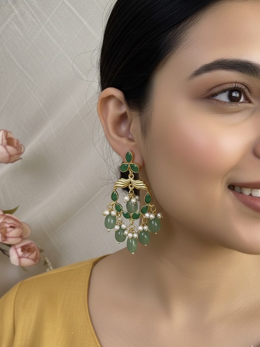 Mint Green Stone Chandbali Earrings – Handcrafted Festive Wear Jewellery
