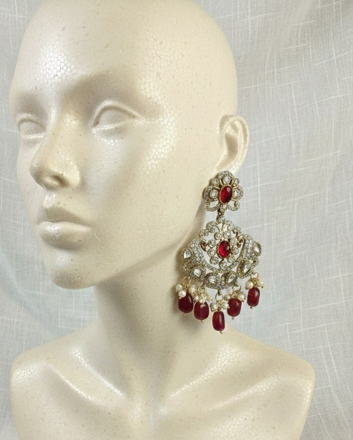 Regal Victorian Ruby Red & Polki Statement Chandbalis in Antique Gold with Peacock Accents