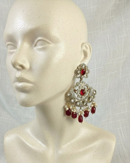 Regal Victorian Ruby Red & Polki Statement Chandbalis in Antique Gold with Peacock Accents