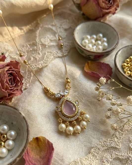 Rose Pink Teardrop & Pearl Drop Invisible Necklace – Gold-Toned Floating Chain