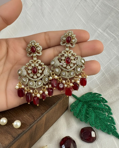 Regal Victorian Ruby Red & Polki Statement Chandbalis in Antique Gold with Peacock Accents