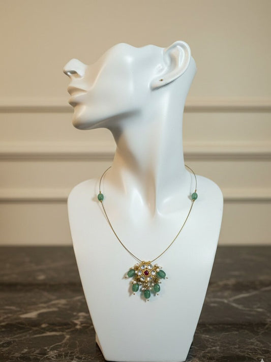 Trendy Invisible chain in Jadau Kundan without Earrings | Handcrafted Oval Floral Pendant Necklace with white kundan stone, Green Beads & Pearl Accents