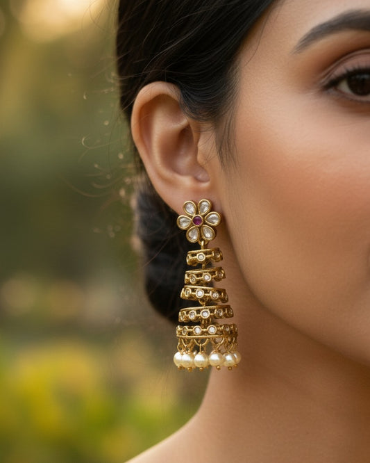 Gold Plated Kundan jhumki Earrings with Emerald & Pearl