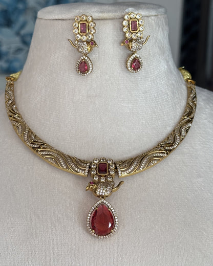Gold-Plated Designer Wave Choker with Ruby Pink Teardrop Pendant & Matching Earrings