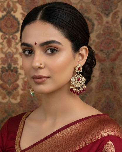 Regal Victorian Ruby Red & Polki Statement Chandbalis in Antique Gold with Peacock Accents