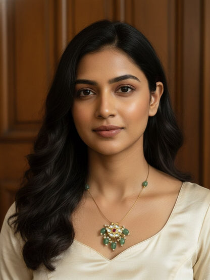 Trendy Invisible chain in Jadau Kundan without Earrings | Handcrafted Oval Floral Pendant Necklace with white kundan stone, Green Beads & Pearl Accents