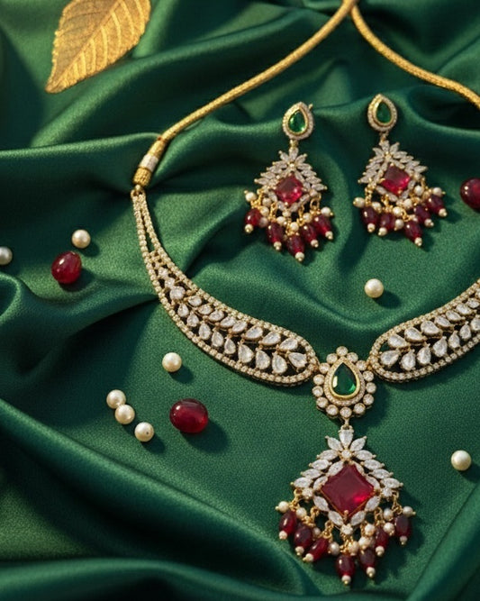 Royal Gold-Plated Teardrop Necklace Set with Ruby Red Centerpiece & Emerald Accents