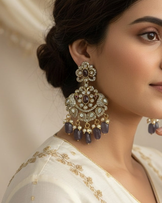 Elegant Victorian Lavender Stone & Antique Gold Peacock Earring