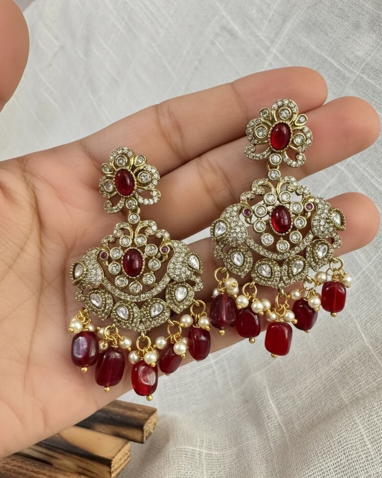 Regal Victorian Ruby Red & Polki Statement Chandbalis in Antique Gold with Peacock Accents