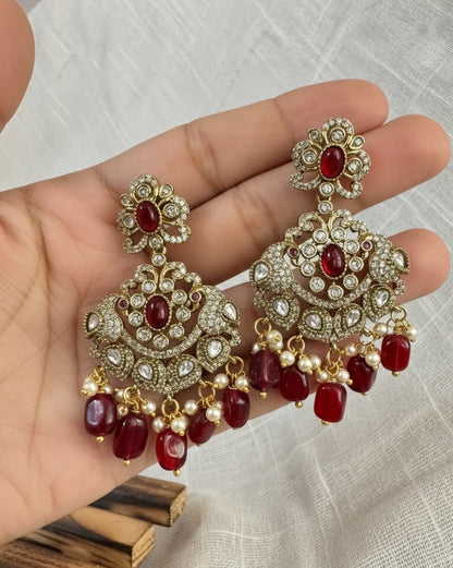 Regal Victorian Ruby Red & Polki Statement Chandbalis in Antique Gold with Peacock Accents