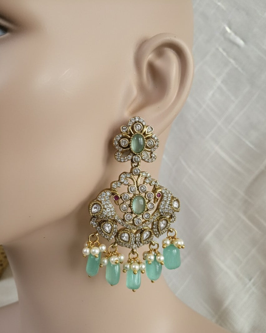 Regal Victorian Peacock Chandbalis with Mint Green Stones and Pearls