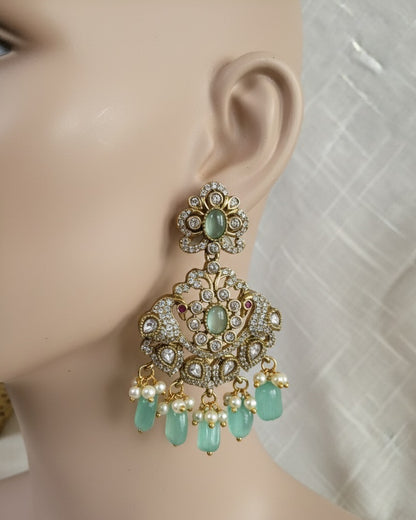 Regal Victorian Peacock Chandbalis with Mint Green Stones and Pearls