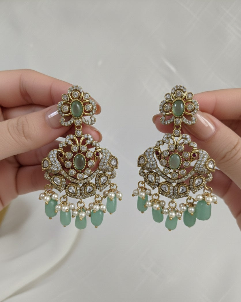 Regal Victorian Peacock Chandbalis with Mint Green Stones and Pearls