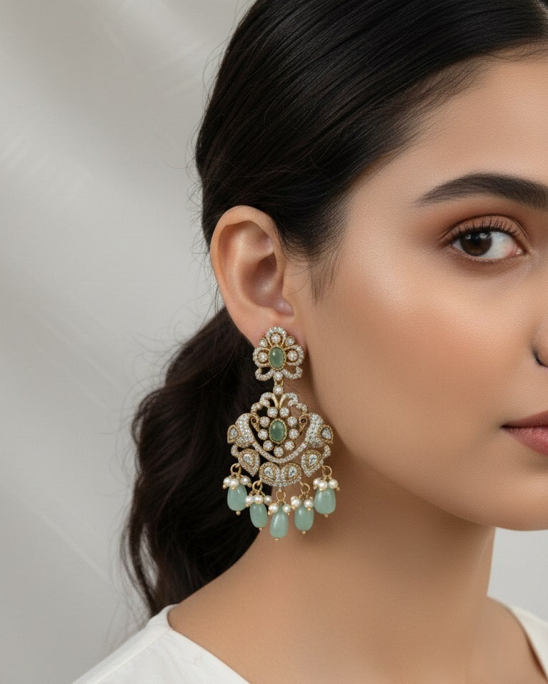 Regal Victorian Peacock Chandbalis with Mint Green Stones and Pearls