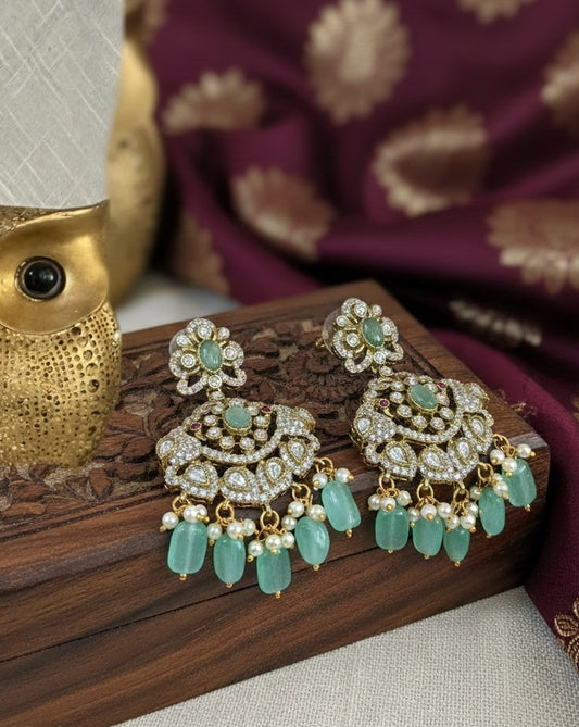 Regal Victorian Peacock Chandbalis with Mint Green Stones and Pearls