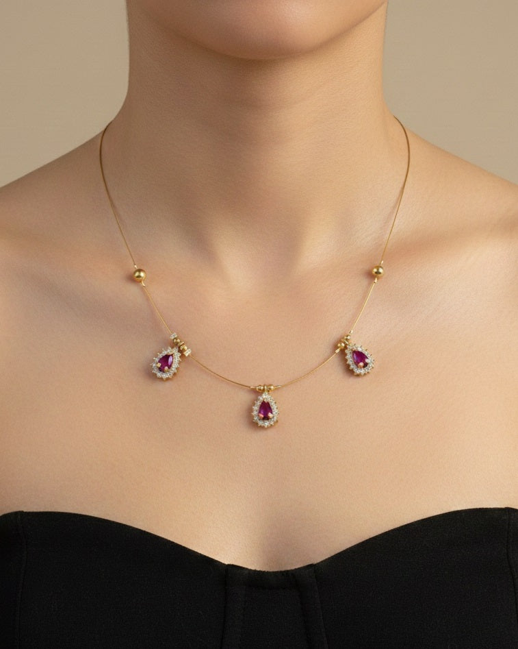 Ruby pink Teardrop Floating Necklace – 3-Stone Invisible Chain Illusion Choker