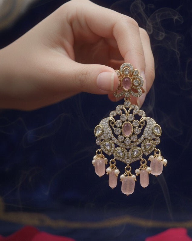 Victorian Style Rose Pink Quartz Chandbali Earrings with Pearl Accents