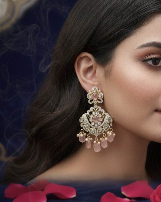 Victorian Style Rose Pink Quartz Chandbali Earrings with Pearl Accents