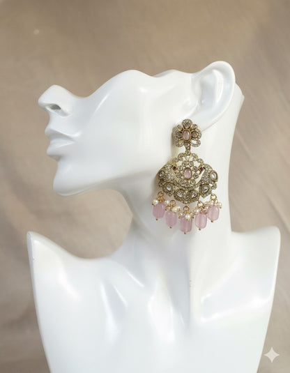 Victorian Style Rose Pink Quartz Chandbali Earrings with Pearl Accents
