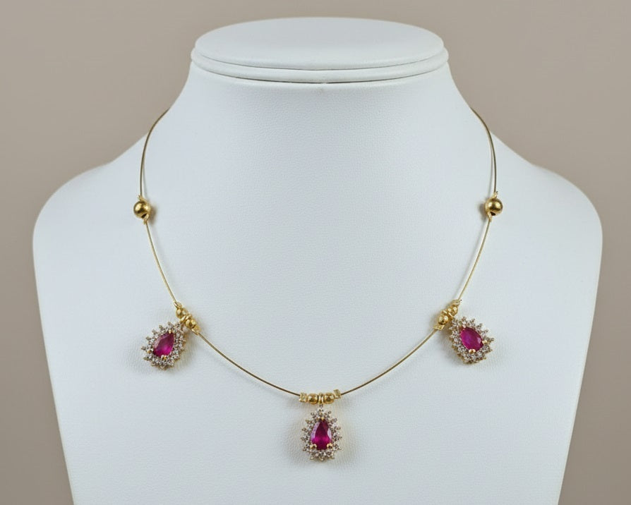 Ruby pink Teardrop Floating Necklace – 3-Stone Invisible Chain Illusion Choker