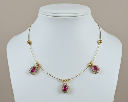 Ruby pink Teardrop Floating Necklace – 3-Stone Invisible Chain Illusion Choker