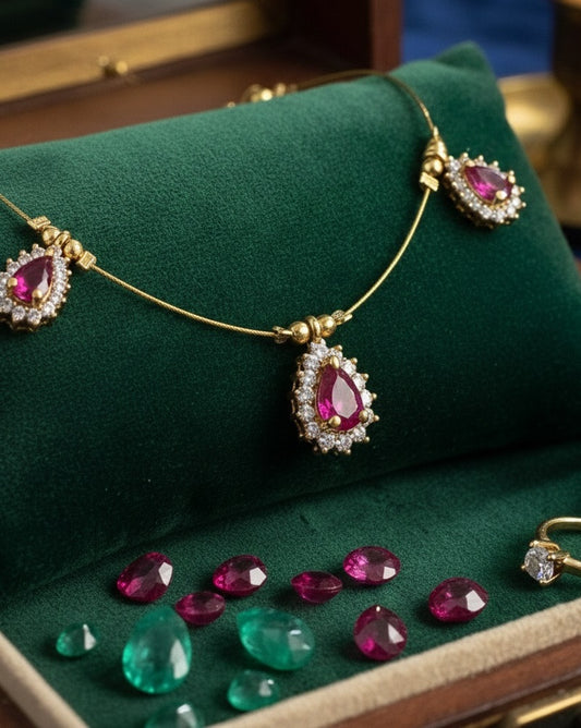 Ruby pink Teardrop Floating Necklace – 3-Stone Invisible Chain Illusion Choker