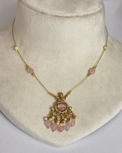 Blush Pink Oval Statement Floating Necklace – Invisible Gold Wire Choker with Pearl & Rose Bead Fringe