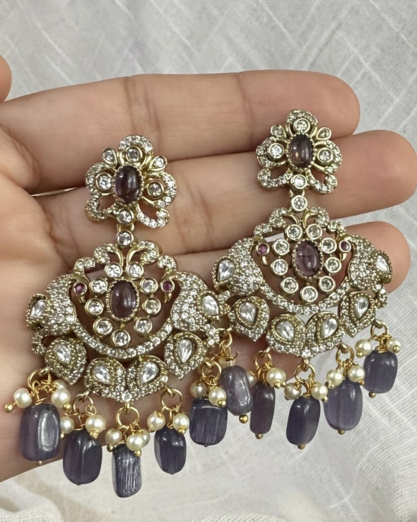 Elegant Victorian Lavender Stone & Antique Gold Peacock Earring