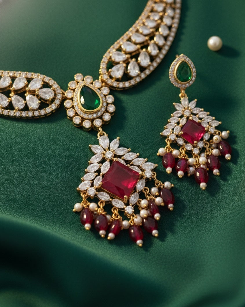 Royal Gold-Plated Teardrop Necklace Set with Ruby Red Centerpiece & Emerald Accents